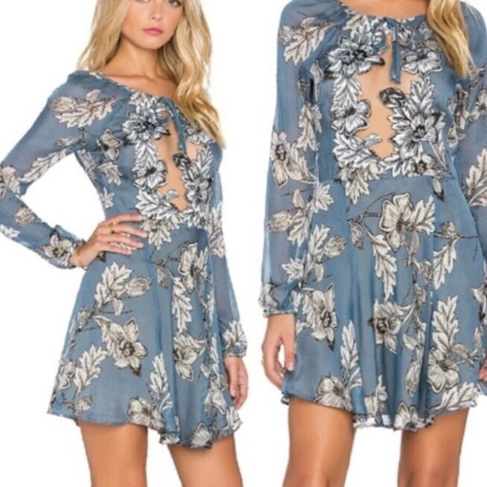For Love & Lemons Sierra Silk Mini Dress Blue Floral EUC